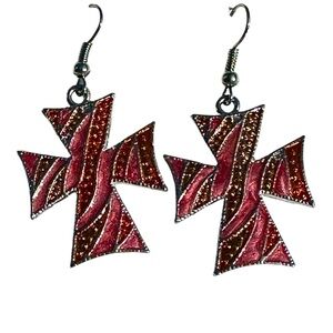 Cross Earrings Large Dangle Red Enamel Goth Pierced Earrings
